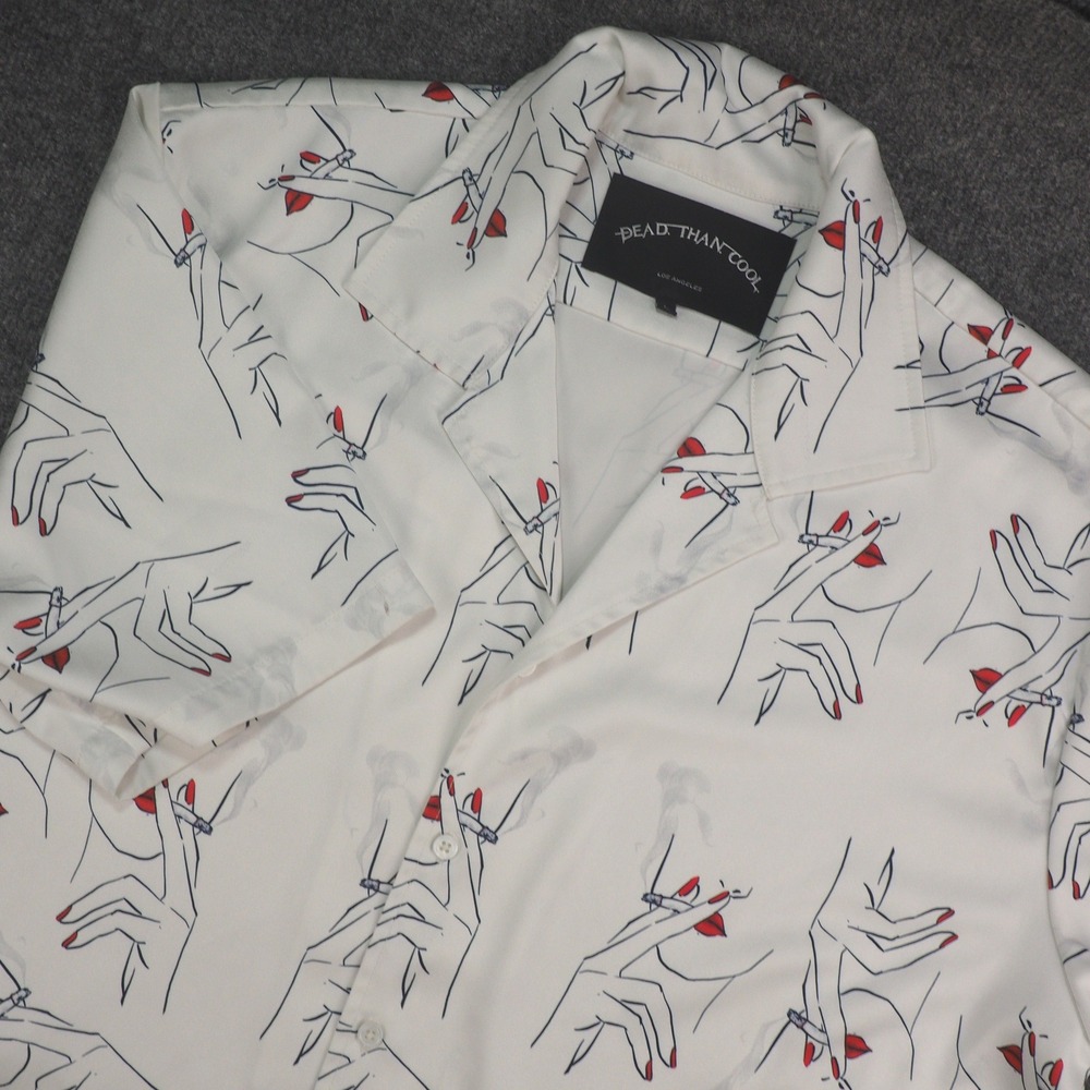 Dead Than Cool Shirt Mens Large White Graphic Print Camp Collar Los Angeles Edgy